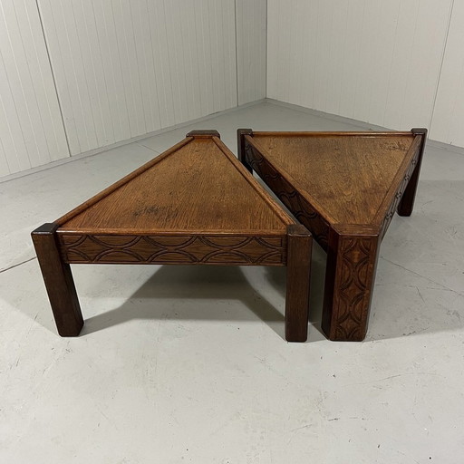 Brutalist Triangular Oak Salon Or Side Tables 1970'S