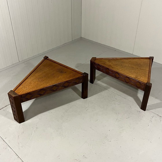 Image 1 of Brutalist Triangular Oak Salon Or Side Tables 1970'S