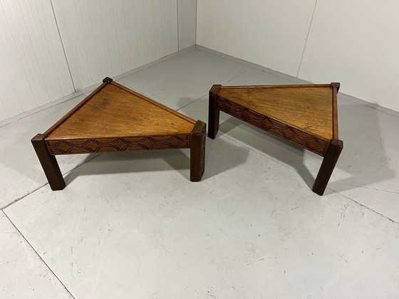 Image 1 of Brutalist Triangular Oak Salon Or Side Tables 1970'S