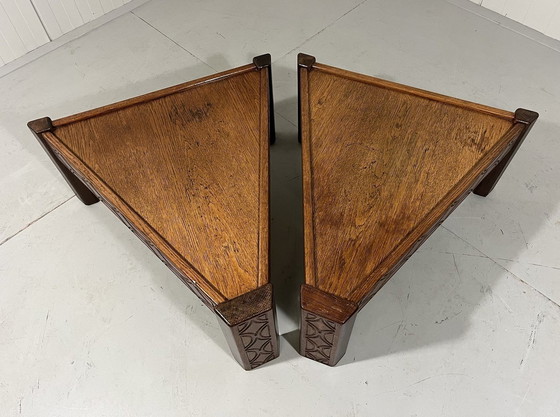 Image 1 of Brutalist Triangular Oak Salon Or Side Tables 1970'S