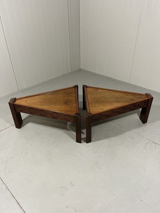 Image 1 of Brutalist Triangular Oak Salon Or Side Tables 1970'S