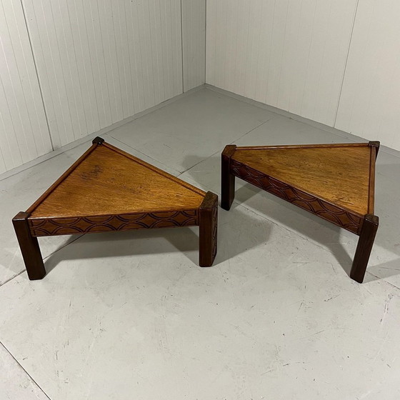 Image 1 of Brutalist Triangular Oak Salon Or Side Tables 1970'S