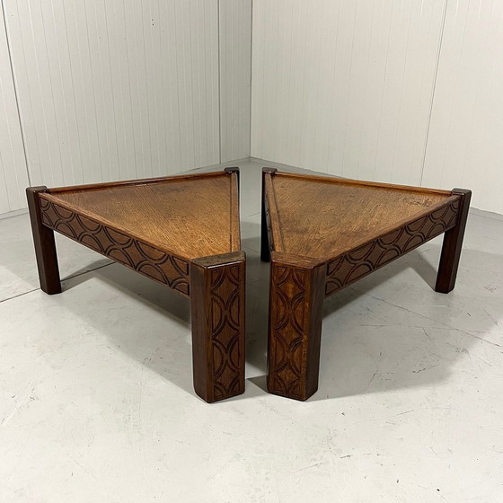 Image 1 of Brutalist Triangular Oak Salon Or Side Tables 1970'S