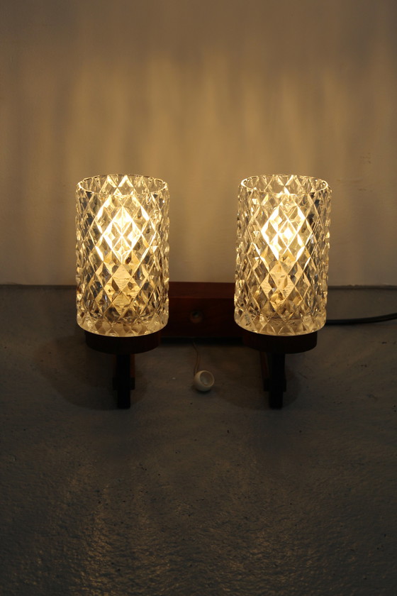 Image 1 of Vintage double wall lamp - wood, glass 1960s