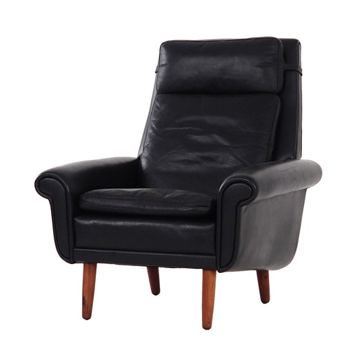 Black Leather Armchair, Danish Design, 1970S, Production: Denmark