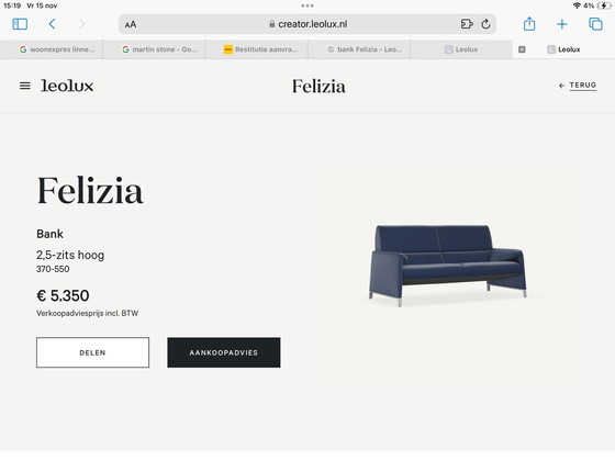 Image 1 of Leolux Felizia Blue Leather Two-Seater Sofa.