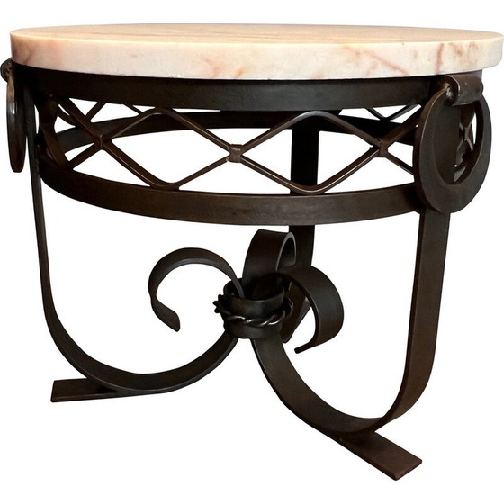 Image 1 of Vintage Art Deco wrought and hammered iron pedestal table with white marble top, 1940