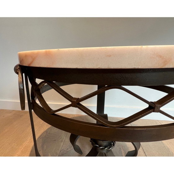 Image 1 of Vintage Art Deco wrought and hammered iron pedestal table with white marble top, 1940