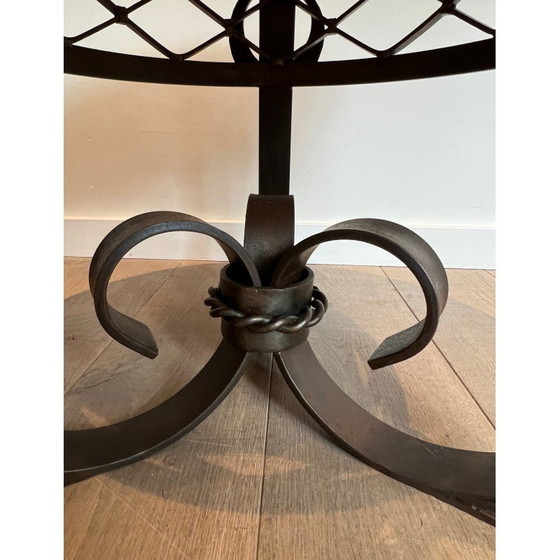 Image 1 of Vintage Art Deco wrought and hammered iron pedestal table with white marble top, 1940