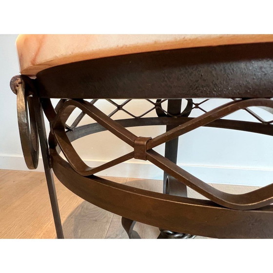 Image 1 of Vintage Art Deco wrought and hammered iron pedestal table with white marble top, 1940