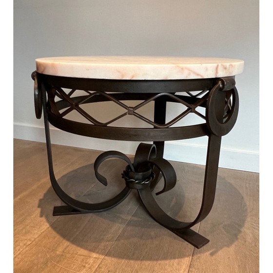 Image 1 of Vintage Art Deco wrought and hammered iron pedestal table with white marble top, 1940