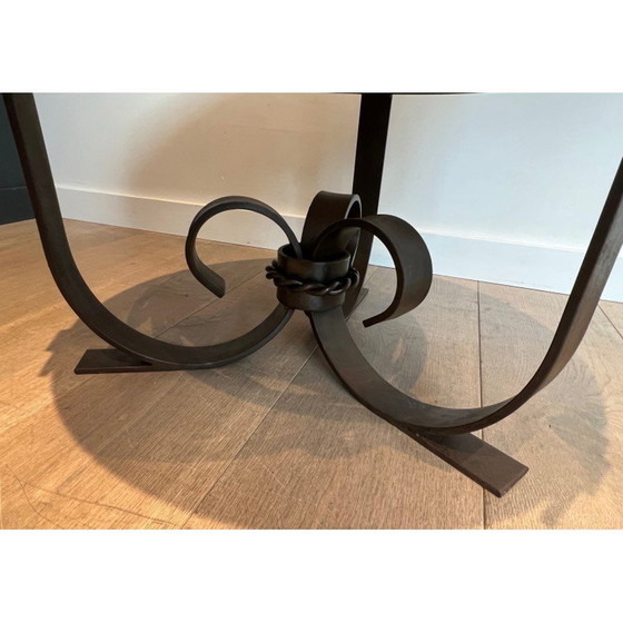 Image 1 of Vintage Art Deco wrought and hammered iron pedestal table with white marble top, 1940