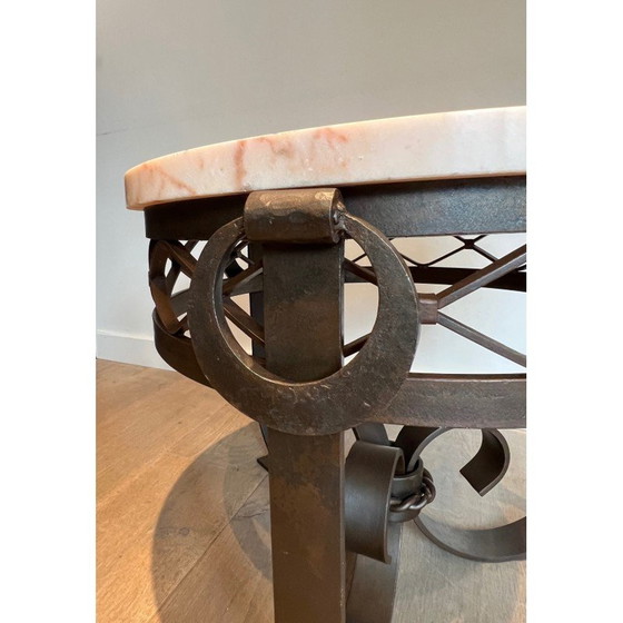 Image 1 of Vintage Art Deco wrought and hammered iron pedestal table with white marble top, 1940