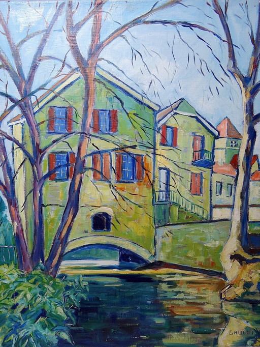 Tableau Coloré Paysage Rivière Et Village Oil On Canvas Vintage Signed Gaulot
