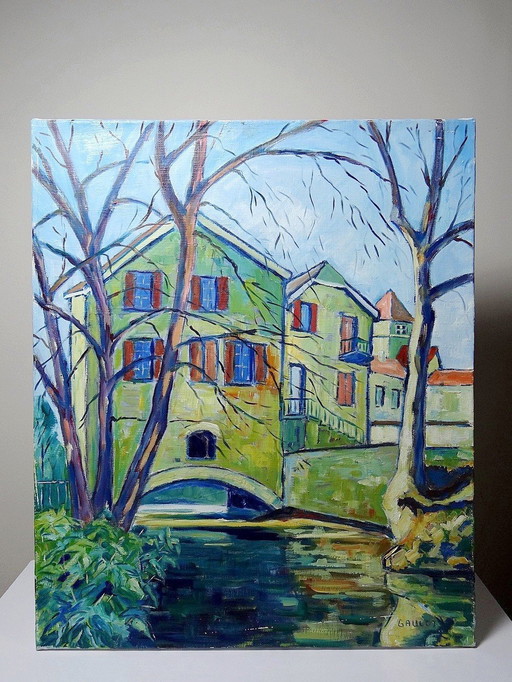 Tableau Coloré Paysage Rivière Et Village Oil On Canvas Vintage Signed Gaulot