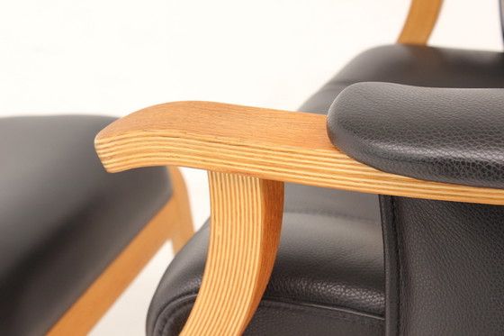 Image 1 of as new, 1 of 2 danish Nordic Easy Lounge Chair / Relax Sessel with stool in oak and leather.