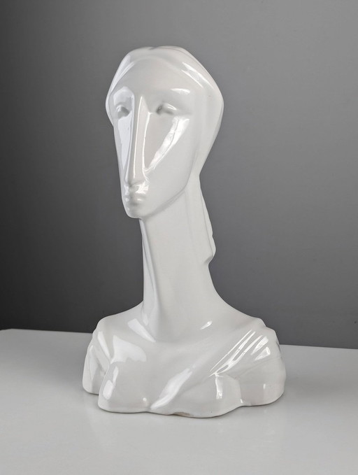 Ceramic Bust Sculpture Of A Woman In Art Deco Style