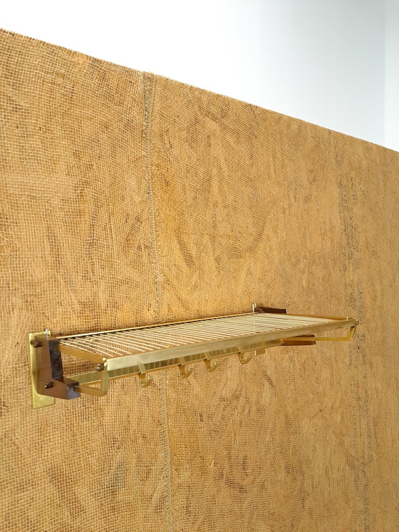 Image 1 of Brass Coat Rack With Wood, Hooks And Shelf, No. 4, Wall Coat Rack