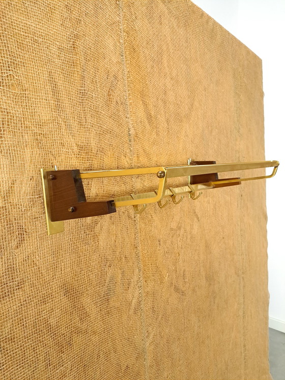 Image 1 of Brass Coat Rack With Wood, Hooks And Shelf, No. 4, Wall Coat Rack