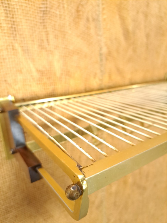 Image 1 of Brass Coat Rack With Wood, Hooks And Shelf, No. 4, Wall Coat Rack