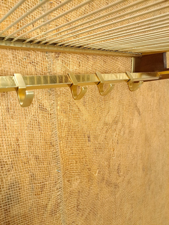 Image 1 of Brass Coat Rack With Wood, Hooks And Shelf, No. 4, Wall Coat Rack