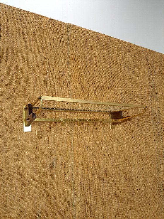 Image 1 of Brass Coat Rack With Wood, Hooks And Shelf, No. 4, Wall Coat Rack