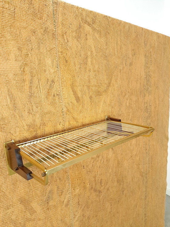 Image 1 of Brass Coat Rack With Wood, Hooks And Shelf, No. 4, Wall Coat Rack