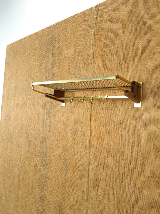 Image 1 of Brass Coat Rack With Wood, Hooks And Shelf, No. 4, Wall Coat Rack