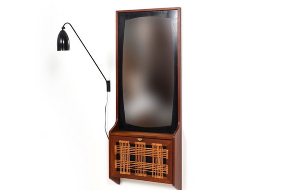 Image 1 of Danish Wall Mounted Teak and Cane Hallway Mirror, 1950s