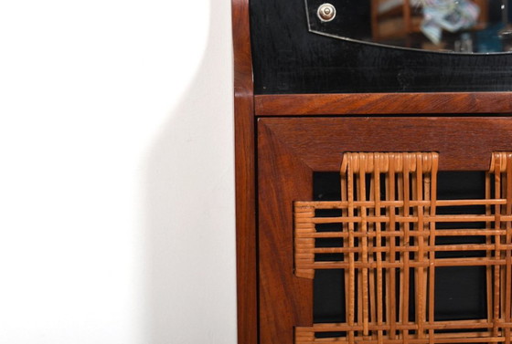 Image 1 of Danish Wall Mounted Teak and Cane Hallway Mirror, 1950s