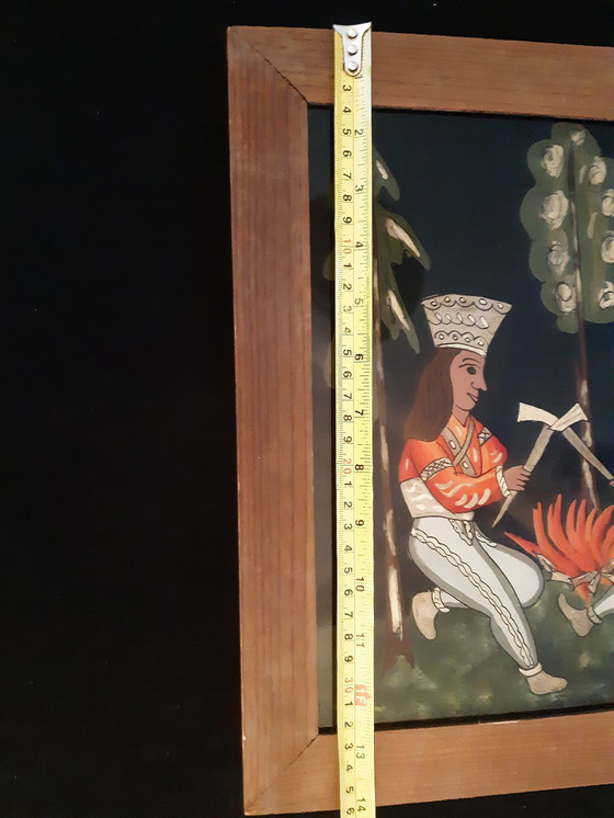 Image 1 of Pintura sobre vidrio, firmada. Ladrones realizando la tradicional danza de espadas alrededor de su botín. Władysław Walczak-Bani