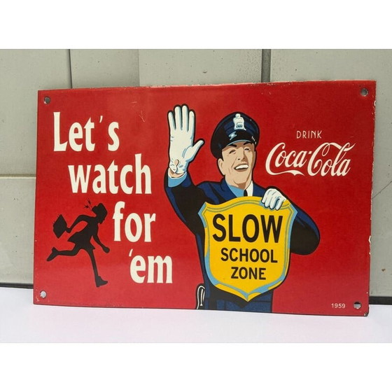 Image 1 of Vintage sign "Slow school zone" in enameled metal plate, 1959