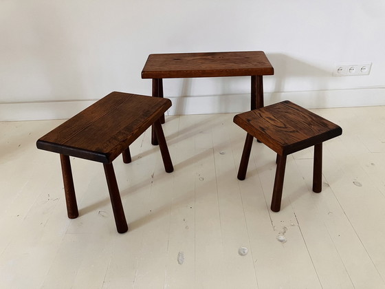 Image 1 of 3x tables d'appoint vintage en chêne massif