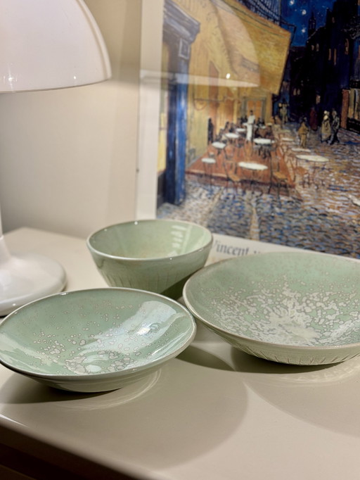 Set Of 3 Handmade Ceramic Bowls - Mint Green With Unique Texture