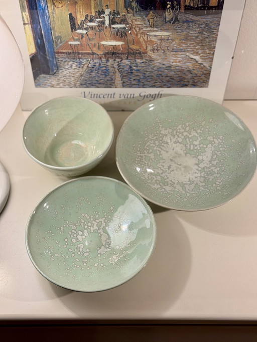 Set Of 3 Handmade Ceramic Bowls - Mint Green With Unique Texture