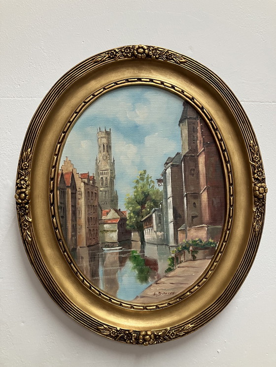 Image 1 of L. Douven Cityscapes, 2 Paintings In Oval Frames.