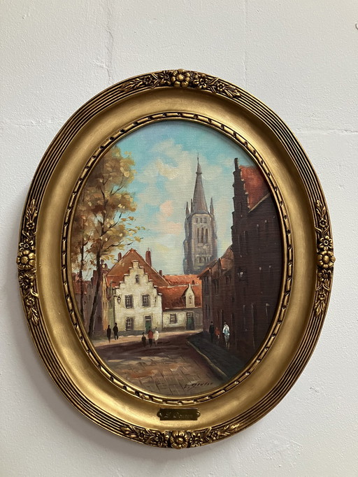 L. Douven Cityscapes, 2 Paintings In Oval Frames.