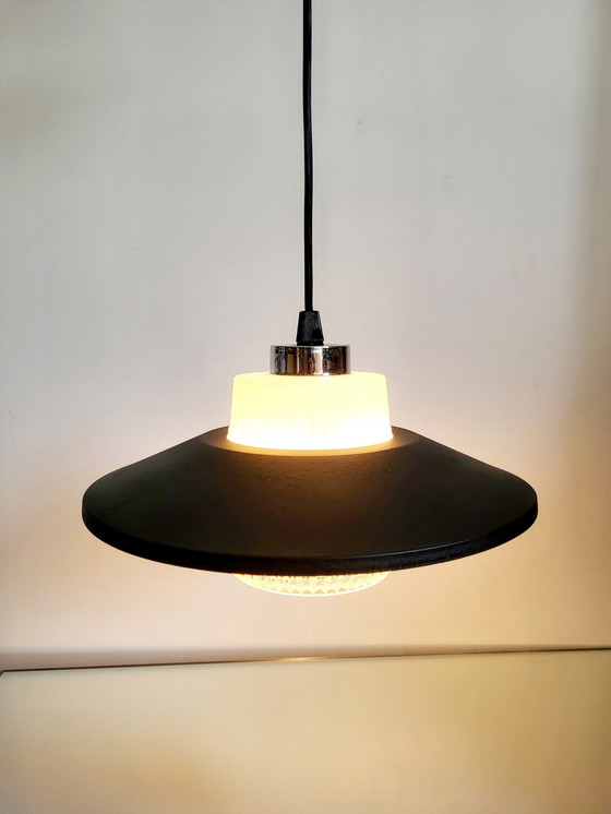 Image 1 of Vintage Ufo Pendant Lamp Matte Black, Glass Shade, Chrome Finish, 1950s