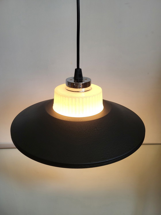 Image 1 of Vintage Ufo Pendant Lamp Matte Black, Glass Shade, Chrome Finish, 1950s