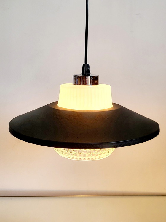 Image 1 of Vintage Ufo Pendant Lamp Matte Black, Glass Shade, Chrome Finish, 1950s