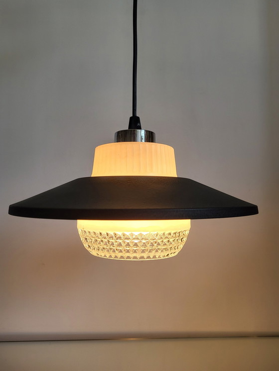 Image 1 of Vintage Ufo Pendant Lamp Matte Black, Glass Shade, Chrome Finish, 1950s