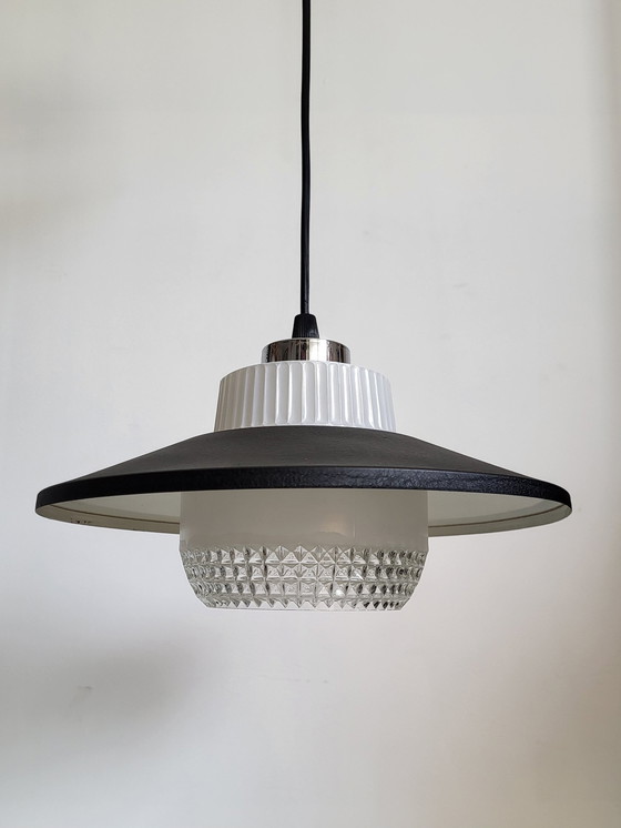 Image 1 of Vintage Ufo Pendant Lamp Matte Black, Glass Shade, Chrome Finish, 1950s