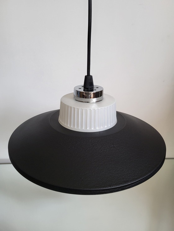 Image 1 of Vintage Ufo Pendant Lamp Matte Black, Glass Shade, Chrome Finish, 1950s