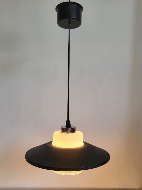 Image 1 of Vintage Ufo Pendant Lamp Matte Black, Glass Shade, Chrome Finish, 1950s