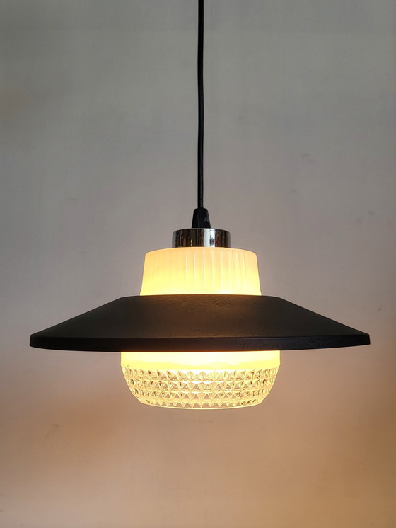 Image 1 of Vintage Ufo Pendant Lamp Matte Black, Glass Shade, Chrome Finish, 1950s