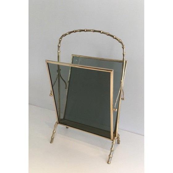 Image 1 of Portariviste vintage in bronzo con pannelli laterali in vetro bluastro, 1940