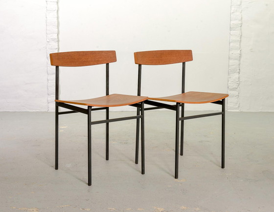 Image 1 of Auping Model 552 Carelle Serie Minimalistic Side / Dining Chairs, Teak Wood and Black Steel. The Netherlands, 1950s.