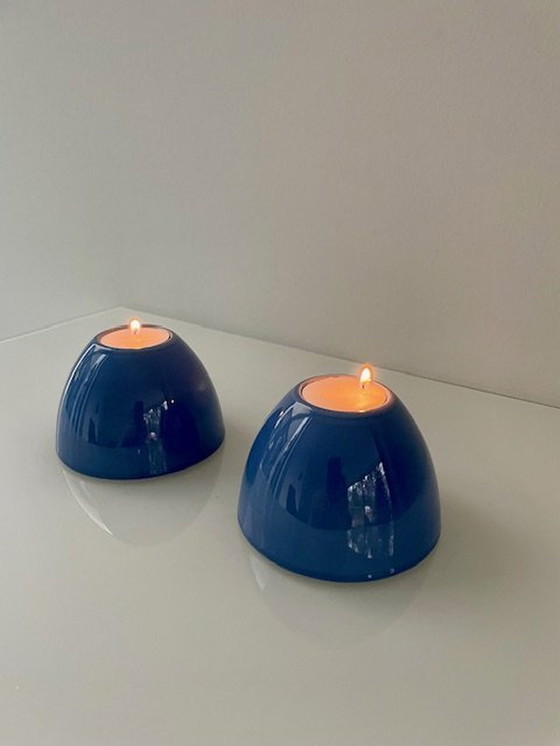 Image 1 of 2X Blue Glazed Ceramic Candle Holders