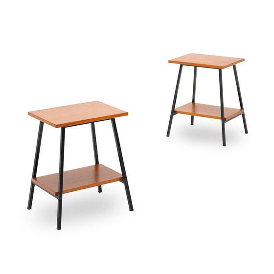 Image 1 of Pair of vintage bedside tables in wood and black painted metal, Italy 1950