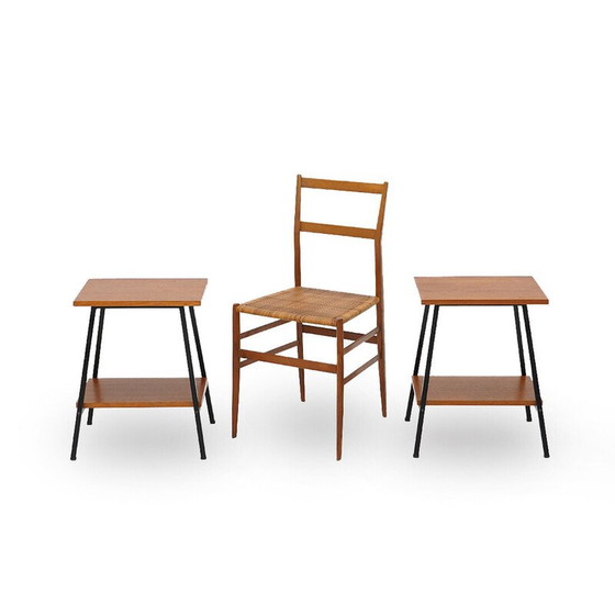 Image 1 of Pair of vintage bedside tables in wood and black painted metal, Italy 1950